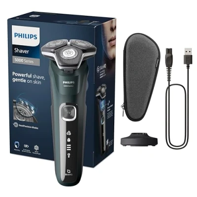 Abbildung von Philips Shaver Series 5000 Elektrischer Nass und Trockenrasierer für Herren mit ausklappbarem Trimmer, Ladestation &amp; Reiseetui (Model S5884/35)