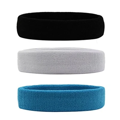 Abbildung von HANERDUN Sport Stirnband Damen Herren Schweißbänder Kopf Stirn Frottee Kopfband für Laufen Fahrrad Joggen Tennis Fußball Schwarz/Grau/Blau(3 STK)