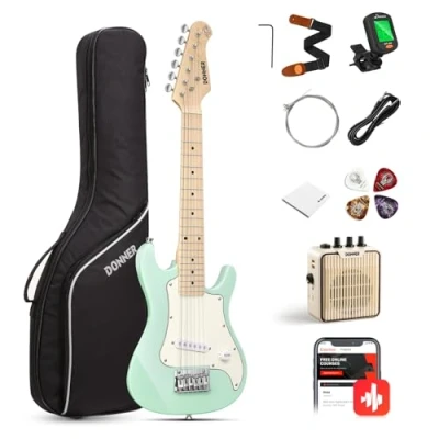 Abbildung von Donner E Gitarre Set Anfänger Junior Kit ST Stil 30 Zoll Mini Gitarren Premium Bundle mit Verstärker, Stimmgerät, Kapodaster, Tasche, Gurt, Saite, Kabel (DSJ 100, Mint Grün)