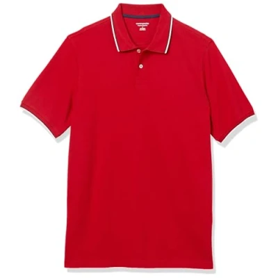 Abbildung von Amazon Essentials Herren Polohemd aus Baumwollpiqué in normaler Passform (erhältlich Übergrößen), Rot Twin Stripe, XXL