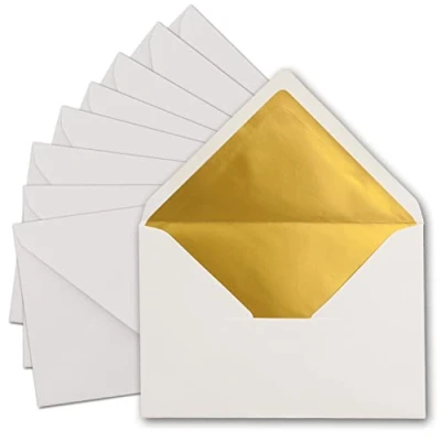 Abbildung von 50x DIN C5 Kuverts 15,7 x 22,5 cm in weiß mit goldenem Seidenfutter Nassklebung Blanko Brief Umschläge Post ohne Fenster im Format Marke: FarbenFroh by Gustav NEUSER