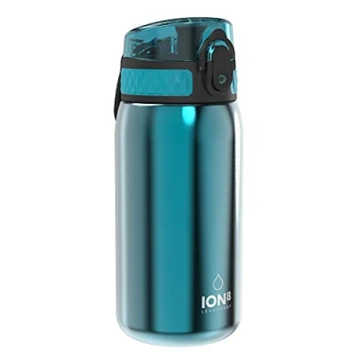 Abbildung von Ion8 Kinder Trinkflasche, Edelstahl 400ml, Auslaufsicher, Einhandöffnung, Sichere Verriegelung, Spülmaschinenfest, Klappdeckel, Tragegriff, Leicht zu Reinigen, Langlebig, Metallisches Türkis