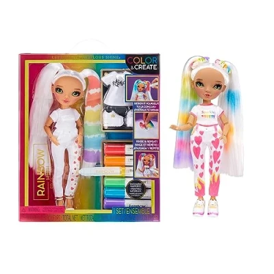 Abbildung von Rainbow High Color &amp; Create DIY Modepuppe Grüne Augen, Zöpfe, extra Top Schuhe, abwaschbare Regenbogenstifte Ausmalen, Gestalten, Spielen, Auswaschen für Kinder von 4 12 Jahren und Sammler
