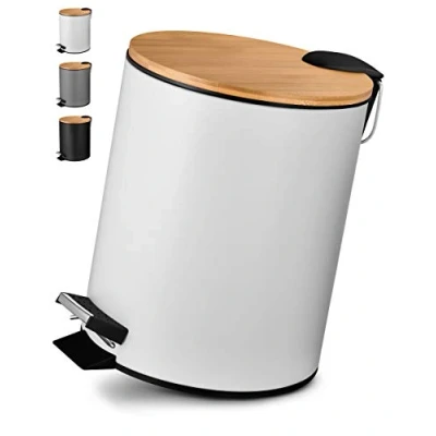 Abbildung von VMbathrooms 5L Kosmetikeimer in edlem weißem Design Tretmülleimer mit Absenkautomatik (Soft Close) Eleganter Eimer fürs Bad Innenbehälter und Bambus Holzdeckel