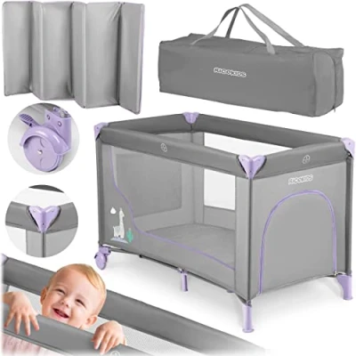 Abbildung von Ricokids Reisebett Baby Mit Matratze 125 x 65 78 cm Kinderreisebett Babybett Bis 15 kg 2 Räder Bremsen Abnehmbarer Seiteneingang Transporttasche Faltbar Kompakt Hellgrau Lavendel