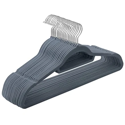 Abbildung von SONGMICS Kleiderbügel Samt, 20er Set, Bügel, rutschfest, kleine Stange für Krawatten, 360 drehbarer Haken, 0,6 cm dick, platzsparend, 43,5 lang, Mäntel, Hosen, Silber Hellgrau CRF20VX