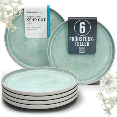 Abbildung von Steingut Frühstücksteller 6 Pers. Ibiza Hochwertiges Mediterranes TEST SEHR GUT Dessertteller Set Kuchenteller spülmaschinen und kratzfest Kleine Teller, Salatteller Pure Living in Türkis