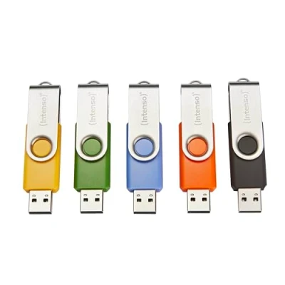 Abbildung von Intenso Basic Line 5X 64 GB USB Sticks 2.0 mit praktischen Beschriftungsetiketten, Gelb, Grün, Schwarz, Blau + Orange, silbernem Metallbügel, 5er Pack