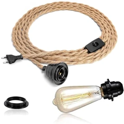 Abbildung von FRIDEKO Home Pendelleuchte Kit mit Schalter Vintage Lampenkabel 4,5M gedrehten Hanfseil E27 Lampenfassung Plug in DIY Hängende Leuchte für Farmhouse Loft Ohne Glühbirne