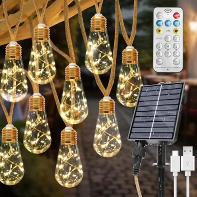 Abbildung von Coomoors Solar Lichterkette Aussen, 8M 16 Glühbirnen 8 Modi Solarlichterkette Outdoor Wasserdicht IP65 Außen für Garten, Terrasse, Balkon, Hochzeit, Bäume, Warmweiß