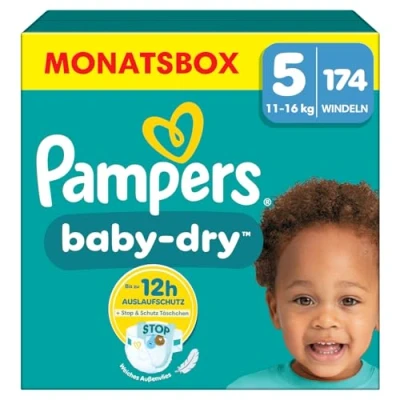 Abbildung von Pampers Windeln Größe 5, 174 Windeln, 11kg 16kg Baby Dry, Mit Stop &amp; Schutz Täschchen am Rücken für bis zu 100% Auslaufschutz die ganze Nacht