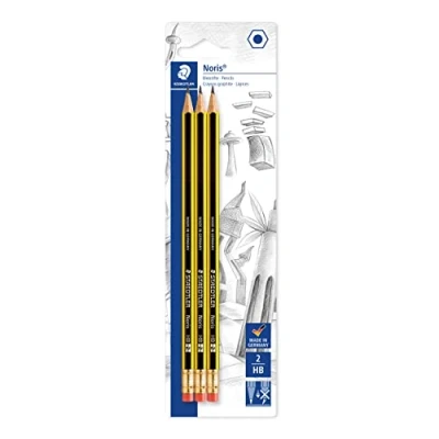 Abbildung von STAEDTLER Bleistifte mit Radiergummi Noris, HB, sechskantformat, hohe Bruchfestigkeit durch spezielle Minenrezeptur und hartverleimte Mine, 3 auf Blisterkarte, 122 2BK3DA