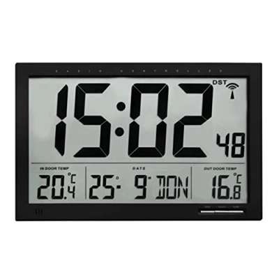 Abbildung von TFA Dostmann Digitale XL Funkuhr, mit Außen und Innentemperatur, Wanduhr, gut ablesbar, schwarz, 60.4510, L 370 x B 29 (90) H 230 mm