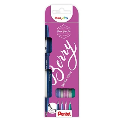 Abbildung von Pentel SES15B 4 Brush Sign Pen Berry Colors Set, Faserschreiber, pinselähnliche Spitze, Stück, farblich sortiert, nachtblau, blauviolett, pinklila, türkis