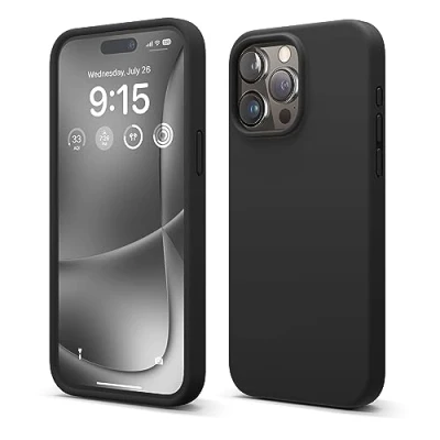 Abbildung von elago Schutzhülle aus Flüssigsilikon, kompatibel mit iPhone 15 Pro Max, Premium Qualität, Rundumschutz [stoßfeste Struktur 4 Schichten], weiches Mikrofaserfutter, Kratzfest (schwarz)