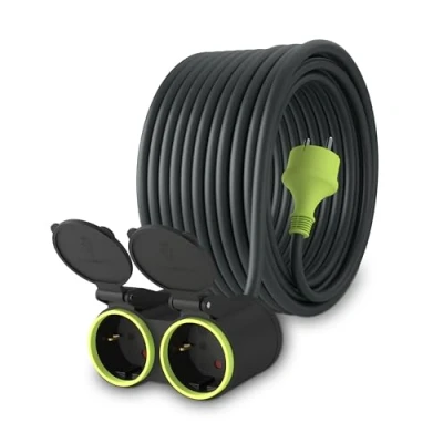 Abbildung von MutecPower 20m Verlängerungskabel mit 2 schuko steckdosen für den aussenbereich IP44 H05RR F3G 1,5mm² doppel verlängerung schutzkontakt buchsen Fach Outdoor verteiler 20 Meter schwarz/grün