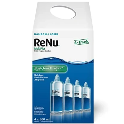 Abbildung von Bausch + Lomb und ReNu MultiPlus Kombilösung mit Proteinentferner Kontaktlinsenreiniger, Aufbewahrungslösung, weiche Linsen, Halbjahrespack, 4 X 360 ml