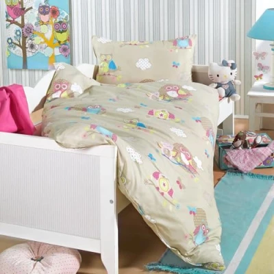 Abbildung von Kinder Baby Bettwäsche Set für Mädchen und Jungen 100x135 cm + 40x60 100% Baumwolle Renforcé Reißverschluss Eule Creme beige