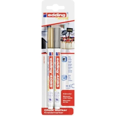 Abbildung von edding 4085 Kreidemarker gold,silber 2 Kreidestifte Rundspitze 1 mm dünner Kreidestift für Tafel abwischbar zum Beschriften von Fenster, Glas, Spiegel Tafelstift mit deckenden Farben
