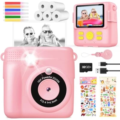 Abbildung von KinderKamera DigitalKamera Print Sofortbildkamera 1080P Videokamera Schwarzweiß Fotokamera (Rosa)