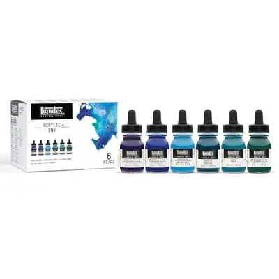 Abbildung von Liquitex 3699375 flüssige Professional Acrylfarben Ink, Tusche im Set, hochpigmentierte Airbrushfarbe,Wassertöne 6 Farben a 30ml