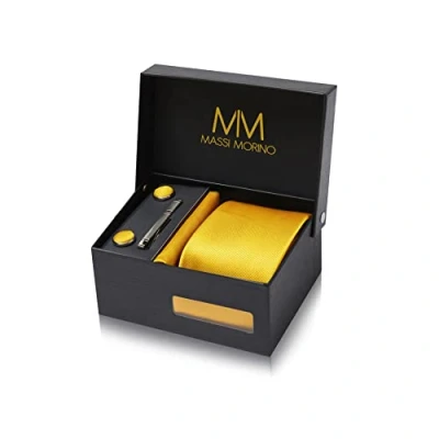 Abbildung von Massi Morino Krawatte Gelb mit Einstecktuch Set Herren inkl. Manschettenknöpfe, Krawattennadel und Geschenkbox Männer Krawattenset