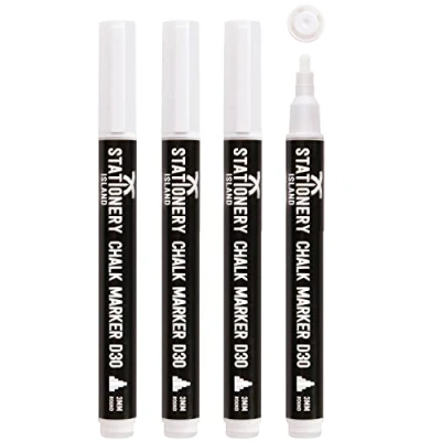 Abbildung von STATIONERY ISLAND D30 trocken abwischbarer weißer Flüssigkreidestift 3 mm dünne Rundspitze 4er Pack weiße Kreidemarker zum Beschriften von Glas (Fenster &amp; Spiegel), Metall, Keramik, Tafeln