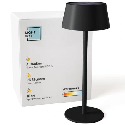 Abbildung von Lightbox LED Außen Tischlampe kabellose mobile Outdoor Lampe mit Solar 3 Stufen Touch dimmbar Akku betriebene Tischleuchte (300 lm, 3000 K) aus Metall &amp; Kunststoff in Schwarz Balkon Deko