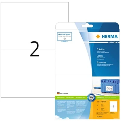 Abbildung von HERMA 8636 Versandetiketten, 10 Blatt, 210 x 148 mm, 2 pro A4 Bogen, 20 Stück, selbstklebend, bedruckbar, matt, blanko Papier Adressetiketten Aufkleber, weiß