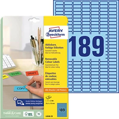 Abbildung von AVERY Zweckform L6048 20 Blaue Etiketten (3.780 Aufkleber, 25,4x10mm auf A4, wieder rückstandsfrei ablösbar, selbstklebende Farbetiketten, Papier matt, bedruckbare, farbige Klebeetiketten) Blatt