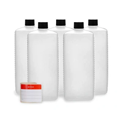 Abbildung von Octopus 5 x 1000 ml Kunststoffflaschen, HDPE Plastikflaschen mit schwarzen Schraubverschlüssen, Leerflaschen Schraubdeckeln, Vierkantflaschen inkl. Beschriftungsetiketten