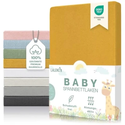 Abbildung von Laleni Premium Spannbettlaken 70x140x15 cm Babybett Oeko TEX zertifiziertes Bettlaken 70x140 Kinderbett Kinderbettwäsche aus 100% Baumwolle Baby in Gelb