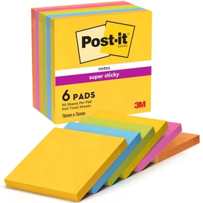 Abbildung von Post it Super Sticky Notes Carnival Collection, Packung mit 6 Blöcken, 90 Blatt pro Block, 76 x mm, Gelb, Blau, Grün, Pink Extra stark klebende Notizzettel für To Do Listen und Erinnerungen