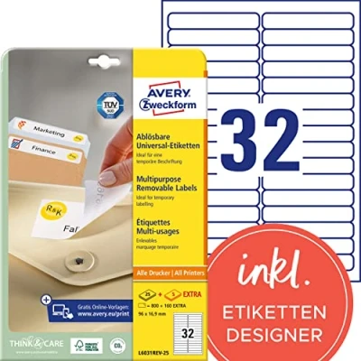 Abbildung von AVERY Zweckform L6031REV 25 Universal Etiketten (800 plus 160 Klebeetiketten extra, 96x16,9mm auf A4, wieder rückstandsfrei ablösbar/abziehbar, bedruckbar, selbstklebende Aufkleber) 30 Blatt, weiß