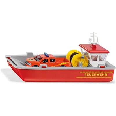 Abbildung von siku 2117, Feuerwehr Arbeitsboot, 1:50, Metall/Kunststoff, Rot/Gelb, Inkl. Ford F150 Pick Up und Stickerbogen