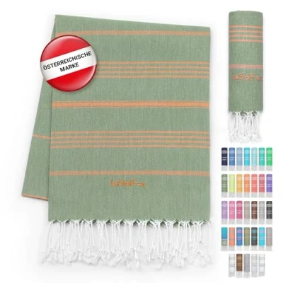 Abbildung von LeStoff Hamamtuch 100% Bio Baumwolle, 95 x 180 cm, Vorgewaschen, Saugstark, Schnelltrocknend, Leicht, Kompakt, Sporthandtuch, Fitness Handtuch, Yoga Handtuch groß (Olive Orange)