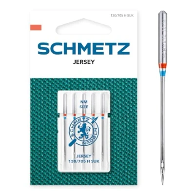 Abbildung von SCHMETZ Nähmaschinennadeln 5 Jersey Nadeln 130/705 H SUK Nadeldicke 90/14 auf allen gängigen Haushaltsnähmaschinen einsetzbar geeignet für das Verarbeiten von Jersey, Strick und Wirkwaren