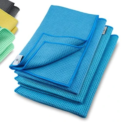 Abbildung von ELEXACLEAN Mikrofaser Trockentuch, Premium Waffeltuch (4 Stück, 60x40 cm, Blau) superweiche Qualität für Auto, Glas, Küche, Geschirr, Bad