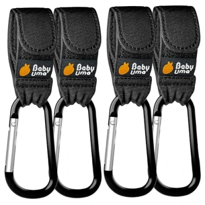 Abbildung von Baby Uma Preisgekrönte Kinderwagen Haken für Taschen (4 Stück) Universelle Karabinerhaken groß, Karabiner Kinderwagen, Anhänger, Taschenhalter Zubehör (Schwarz)