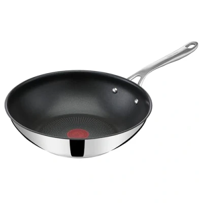 Abbildung von Tefal Jamie Oliver by Cook&#039;s Direct On Wokpfanne, 28 cm, Antihaftversiegelung, Thermo Signal, genieteter Griff, induktionsgeeignet, Edelstahl, E3041934