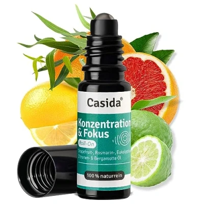 Abbildung von Casida® Duft Roll on Duftöl, Aromaöl, Ätherisches Öl für die Aromapflege unterwegs aus der Apotheke 10 ml (Konzentration &amp; Fokus)