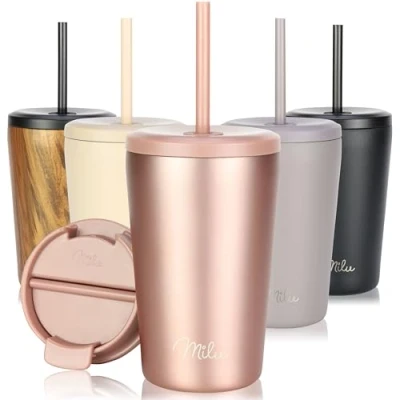 Abbildung von Milu Thermobecher 300ml, 400ml, 500ml 100% Auslaufsicher Edelstahl Kaffeebecher to go isoliert mit Strohhalm hält 10h heiß / 20h kalt, BPA frei (Rose Gold, 400ml)