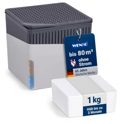 Abbildung von WENKO Raumentfeuchter Mod. Cube, Luftentfeuchter reduziert Schimmel &amp; Gerüche, Auffangschale mit 1 kg Granulatblock nachfüllbar, fasst bis zu 1,6 l Feuchtigkeit, 16,5 x 15,7 cm, Grau