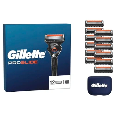Abbildung von Gillette Fusion5 Proglide 12 Ersatzklingen mit 2x Gleitstreifen vor und nach den Klingen neuer EverGlide für unglaubliche Gründlichkeit Komfort, inkl. Reiseschutzkappe