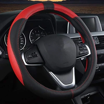 Abbildung von Pahajim Lenkradbezug Auto Universal Lenkradhülle Anti Rutsch Atmungsaktiv Lenkrad Bezüge Spleißen Lenkradschoner aus Mikrofaser Leder 38cm (Schwarz Rot)