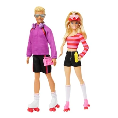 Abbildung von Barbie Fashionistas Set mit 2 Modepuppen und 6 Zubehörteilen, Ken Rollschuh Modepuppen, Sammelfiguren zum 65. Jubiläum, HXK90