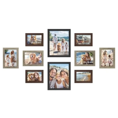 Abbildung von SONGMICS Bilderrahmen 10er Set, für 2 Fotos in 20 x 25 cm, 4 13 18 10 15 Kunststoffscheibe, MDF, rotbraun, greige meliert, aschschwarz RPF310K03