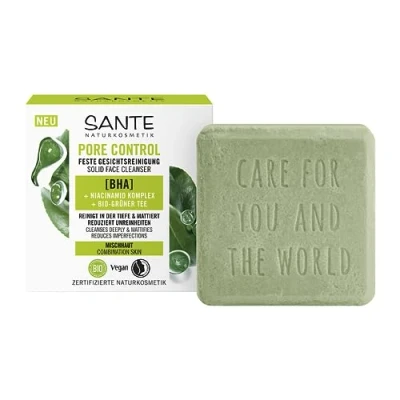 Abbildung von SANTE Naturkosmetik Pore Control Feste Gesichtsreinigung, mit mattierendem Bio Grüner Tee, BHA &amp; Niacinamid Komplex, veganer solid Cleanser für Mischhaut, porenverfeinernde Reinigung, 60g