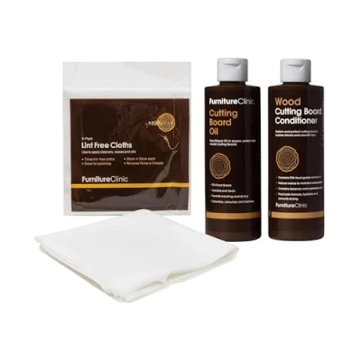 Abbildung von Furniture Clinic Schneidebrett Pflegeset, zum Reinigen, Pflegen und Schützen Enthält: 250 ml Schneidebrettöl, Schneidebrettconditioner fusselfreie Tücher