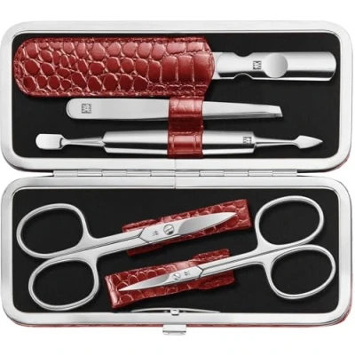Abbildung von ZWILLING Maniküreset (5 Teilig, für Pflege der Finger und Fußnägel, Echt Leder Etui mit Metallrahmen), Edelstahl Poliert, Kroko Edition, Rot